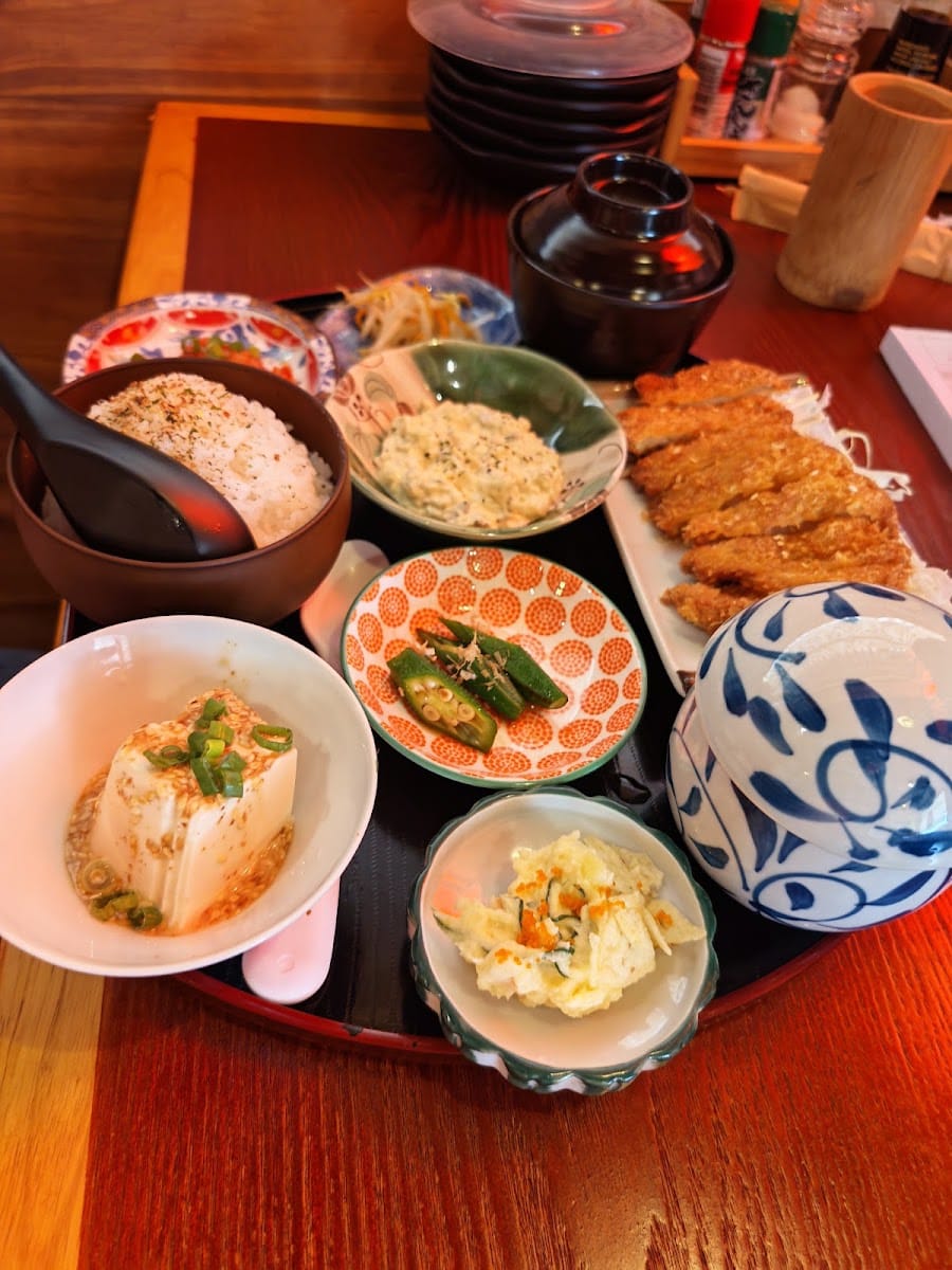 Japanese set meal with rice, pork cutlet, tofu and pickles at Kulai