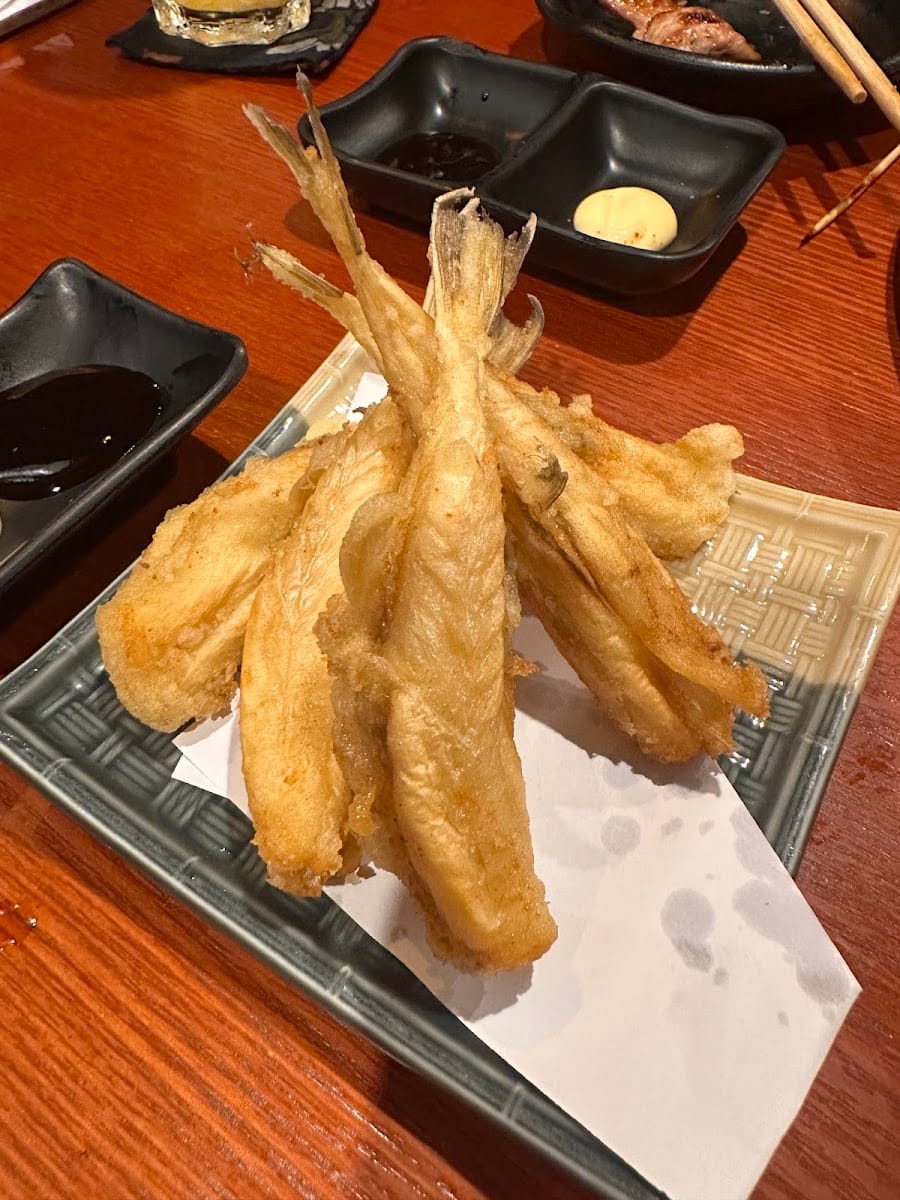 Whole shishamo tempura, head and tail on, at Mount Austin